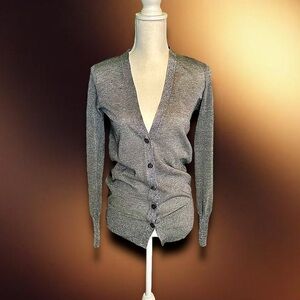 Tory Burch Silver Metallic Shimmer Button Down Long Sleeve Cardigan Size XS